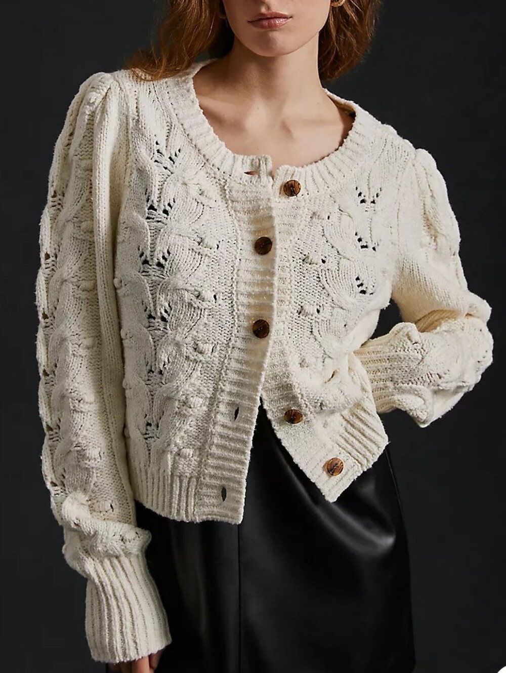 Anthropologie Cable Knit Puff Sleeve Cardigan Sweater